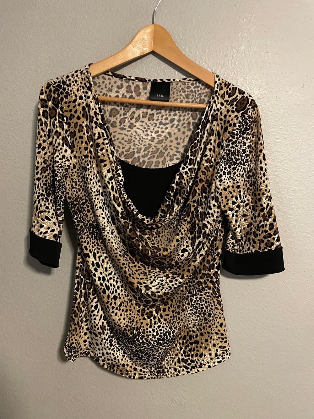 JTB Womens Top Medium Brown Leopard Animal Print Cowl Neck Mob Wife Rave Y2K